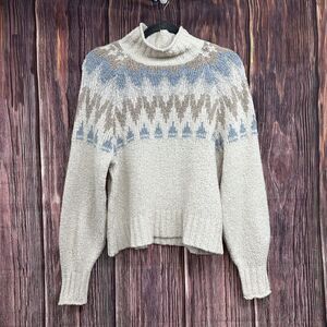 American Eagle AEO Sweater Cream Blue Gray Fairisle Mock Neck New Size Medium